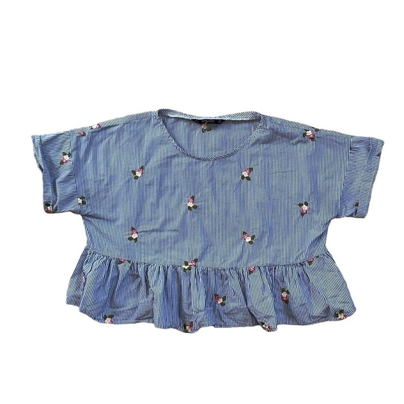 Zara Blue Striped Floral Embroidered Short Sleeve Blouse US M - Picture 2 of 9